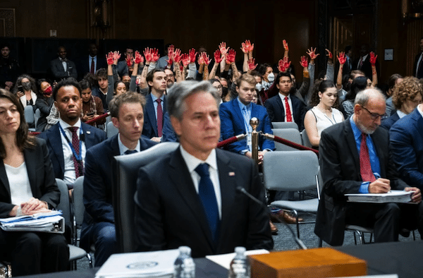 | Protesters calling for a ceasefire in Gaza raise their hands covered in red paint as Secretary of State Antony Blinken testifies at a Senate appropriations committee hearing to ask for billions more in military aid for Israel on Capitol Hill in Washington DC 31 October Graeme Sloan SIPA USA | MR Online